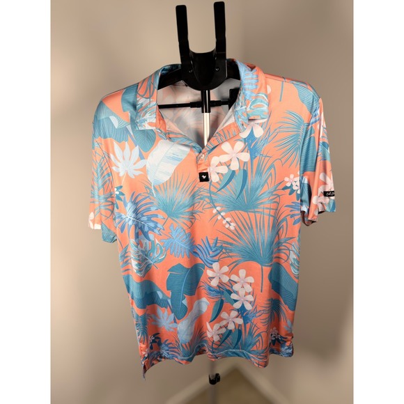 Bad Birdie Other - Bad Birdie Mens Large Tropical Floral Golf Polo Shirt Coral Teal Short Sleeve